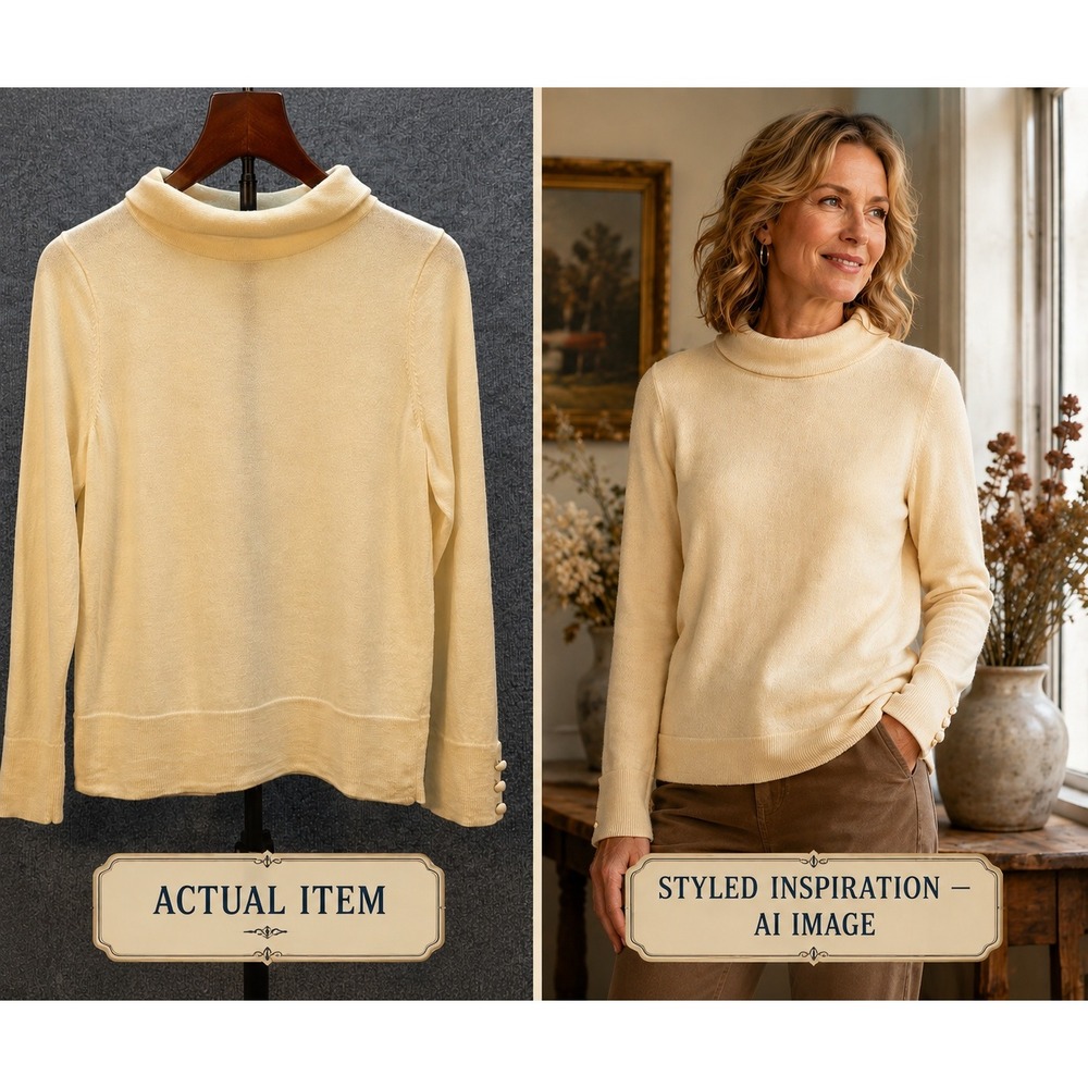 Talbots Merino Wool Sweater Womens Funnel Neck Button Cuff Cream L Excellent
